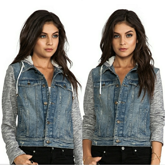 Free People Jackets & Blazers - Free People Denim Knit Hoodie Distressed Jacket XS